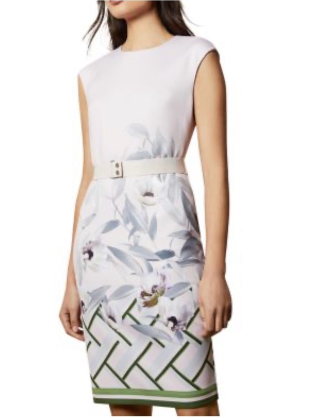 Ted Baker Lavender and Green Floral Belted Short Dress, Sleeveless, Sheath, 1